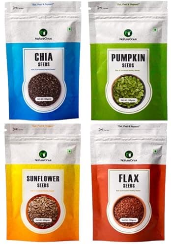 NatureOnus All Raw Seeds Combo Pack of 4 | Chia Seeds, Pumpkin Seeds, Sunflower Seeds, Flax Seeds 125g Each | Seeds Mix Superfoods for Eating Rich in Antioxidants Vitamins & Minerals