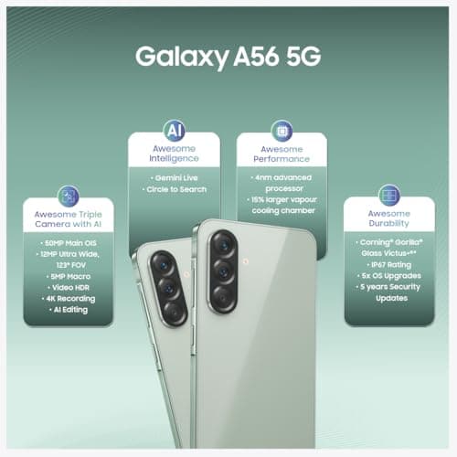 Samsung Galaxy A56 5G (Awesome Olive, 8GB, 128GB) | Awesome Intelligence: Circle to Search, Intelligent Editing | Awesome 6 OS & 6 Years Security Updates | IP67 2