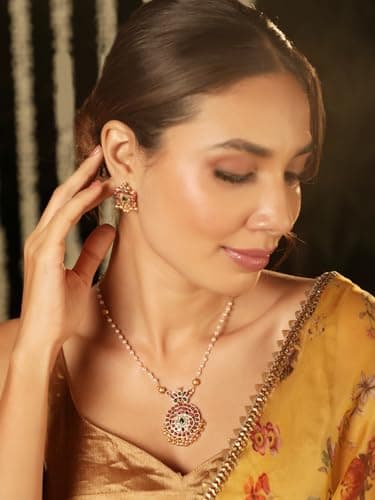 Rubans Gold-Plated Handcrafted Artificial Jewelry Set with Ruby, White Emerald Studs & Gold-White Beads with Earrings For Women and Girls – Perfect for Weddings and Special Occasions 2