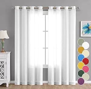 THE LINEN COMPANY Cotton Linen Solid Window Curtain Set with Steel Eyelet Rings- 4 Feet (White, Set of 2)