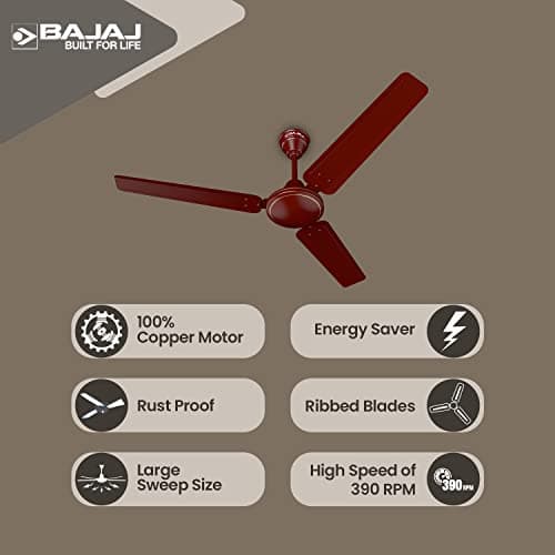Bajaj Frore 1200 MM (48") 1 Star Rated Ceiling Fans For Home | BEE Star Rated Energy Efficient Ceiling Fan | Rust Free Coating For Long Life | High Air Delivery | 2-Yr Warranty 【Brown】 3