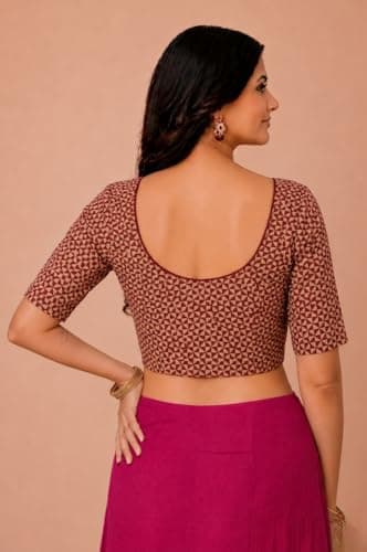 Amazon Brand - Anarva Women's Premium Cotton Trikon Print Strechable Readymade Saree Blouse | U-Neck Ethnic Wear for Festive and Party Look | Katori Cut (Cup-Blouse-trikon-Maroon-m) 4