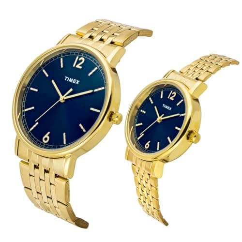 TIMEX Analog Watch for Couple with Blue Round Dial & Gold Stainless Steel Bracelet Band Water Resistant Pair's Wrist Watches - TW00PR337 2