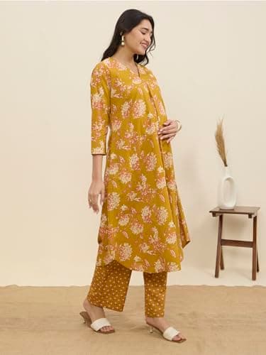 MomToBe Maternity Kurta Set for Women | Cotton Pregnancy & Feeding Friendly Kurti Set | Comfortable Indian Ethnic Wear (in, Alpha, XL, Regular, Goldenrod Yellow) 2