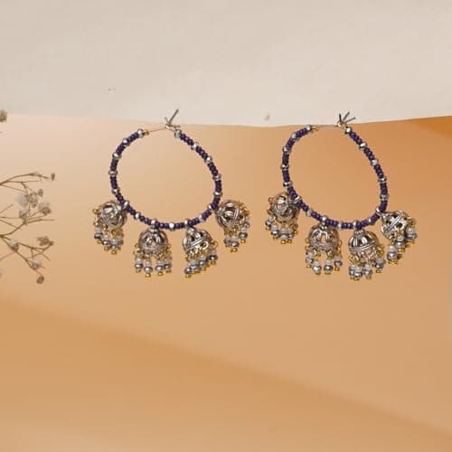 The Indigo Charm Multi-Jhumka Beaded Hoop Earrings with Gold-Plated Finish 4