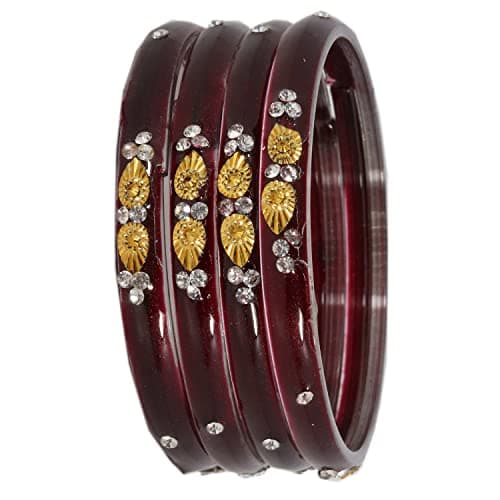 NMII Glass with Zircon Gemstone and Beads Studded Glossy Finished Kada For Women and Girls, Pack of 4, (Maroon_2.6 Inches)