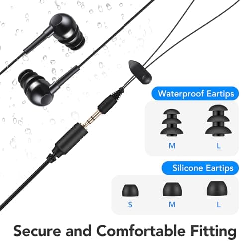 AGPTEK SE11 IPX8 Waterproof In Ear Wired Earphones, Coiled Swimming Earbuds with Stereo Audio Extension Cable, Black 5