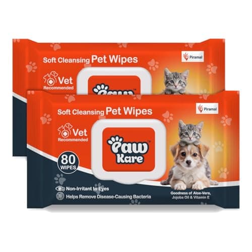 PawKare Pet Wipes for Dogs & Cats | 160 Count | 80 x Pack of 2 | Vet Recommended Grooming Wipes |Alcohol-Free Wet Wipes for Cats & Dogs|Pets Dry Bathing, Paw Cleaning| Aloe Vera, Jojoba Oil, Vitamin E
