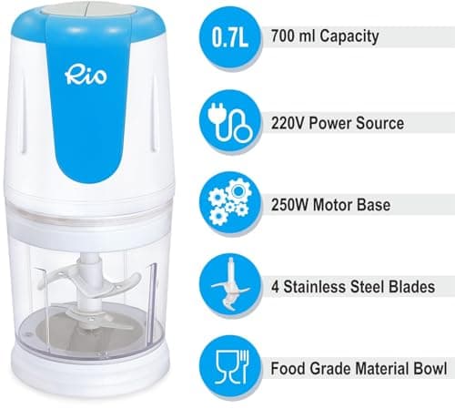 Rio Electric Chopper For Kitchen - 250 Watts Double Speed, Copper Motor, 700 ML Capacity To Chop, Blend, Dice, Grind, Mince, Mini Food Processor Vegetables Chopper, Four Stainless Steel Blade(Blue) 3