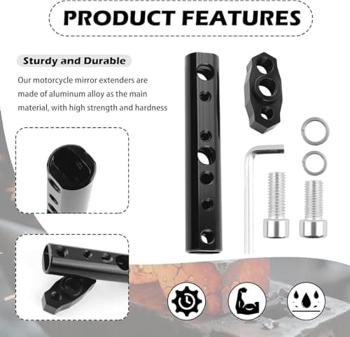 Motorcycle Mirror Extenders for 8mm & 10mm,Motorcycle Mirror Mount with Multi Mounting Holes,Multi-Purpose Motorcycles Handlebar Mount for Fixing Mirrors,Spotlights,Phone Holders (Black) 3