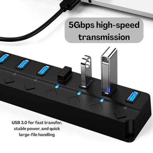 Flavizo USB 3.0 Hub 7 Port Powered Extender with Individual Switches & LED Indicators | High Speed Multiport USB Hub for Laptop, Desktop, Mac, PC, USB Devices – 1.2m Cable 4