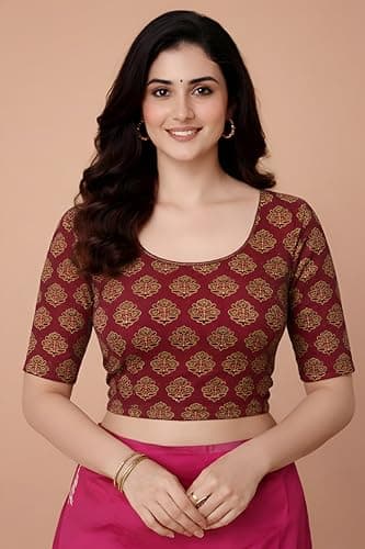 Amazon Brand - Anarva Women's Kalamkari Print Cotton Stretchable Round Neck Readymade Saree Blouse (Kalamkari-Blouse-Classic-Butta-XL) 3