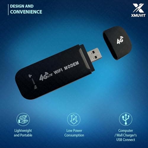 XMUVIT 4G LTE Wireless USB Dongle | All SIM Network Supported Data Card | Up to 150Mbps High-Speed Portable WiFi Hotspot | Plug & Play Single Band Internet Stick for Laptop & PC_Black 2