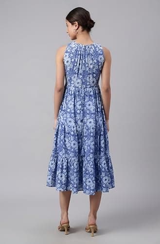 Janasya Women's Blue Pure Cotton Floral Printed Tiered Dress (JAA26DR04599-JA-L) 5