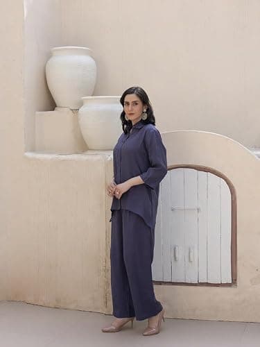 TITTLI Rayon Fabric Collared Three-Quarter Sleeves Shirt & Trouser Co-Ord Set for Women | Elastic Waist Bottom | Casual Wear Relaxed Fit Outfit | Sizes - M, L, XL, XXL, 3XL Purple 4
