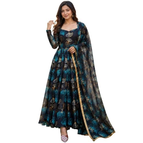 Anveri Women’s Floral Printed Anarkali Gown with Dupatta | Ethnic Long Dress for Women | Designer Festive Maxi Kurta Set (in, Alpha, 4XL, Regular) Blue