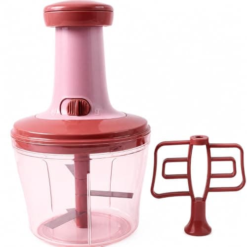 Apex Quba Manual Push Chopper (1000ml) | Heavy Duty Vegetable Chopper & Mixer with 3 Sharp Stainless Steel Blades & Whisk Attachment for Chopping, Blending & Pureeing (Pink/Burgundy)