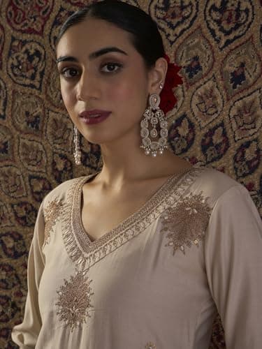 INDO ERA Women's Liva Ethnic Motifs Embroidered Straight Kurta & Pant Set (White_IESTR12380_XX-Large) 2