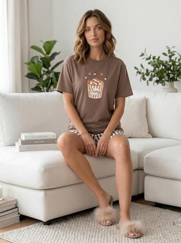 HELLCAT Women Co-ords Loungewear & Sleepwear Set | Relaxed Fit Round Neck Graphic Print Top with Striped Shorts | Breathable Cotton Blend Nightwear, Night Dress, Lounge Wear, Summer Homewear Brown 4
