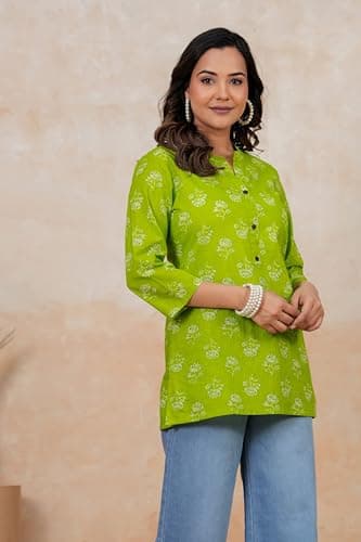 BLOCKS OF INDIA Short Kurti | Fluorescent Green Color | Women Casual Wear Outfit | Lightweight Fabric Comfortable Fit Stylish Design Summer Friendly Breathable Material Modern Look XL 5