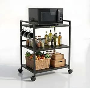 Heavy Duty 3 Tier Microwave Oven Stand for Kitchen | Multi-Purpose Metal Rack with Wheels | Storage Organizer for Oven, OTG, Air Fryer, Printer, and Appliances (Black)