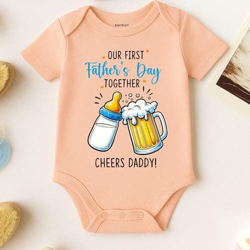 KNITROOT Baby Bodysuit for Newborn | 0-12 Months Soft Cotton Envelope Neck Baby Romper | Our First Father Day Together Cheers Daddy! Printed Onesie | 6-9 Months Peach 2