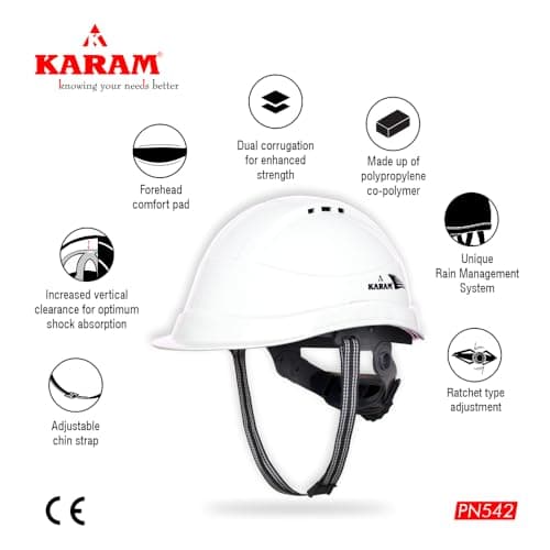 KARAM PN542 Safety Helmet for Men Industrial & Construction Helmet | Ratchet Type Adjustment with Adjustable Chin Strap | Ventilation & Side Slot for Attachment | EN Certified Hard Hat | Super White 5