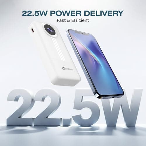 BonKaso 20000mAh Power Bank 22.5W PD Fast Charging with Built-in Type-C Cable, USB-A & Type-C Output, Digital LED Display, Slim Portable Charger for iPhone, Android, Tablets – White 4