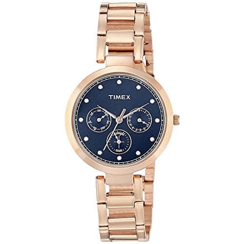 TIMEX Analog Watch for Women with Blue Round Dial & Rose Gold Stainless Steel Bracelet Band Water Resistant Women's Wrist Watches - TW000X215