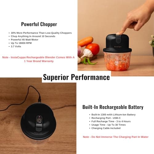 InstaCuppa Rechargeable Mini Electric Chopper, 350 Ml, USB-C Stainless Steel Blades, 1800 Mah Battery And One Touch Operation, For Mincing Meat, Garlic, Ginger, Onion, Black, 45 Watts 2
