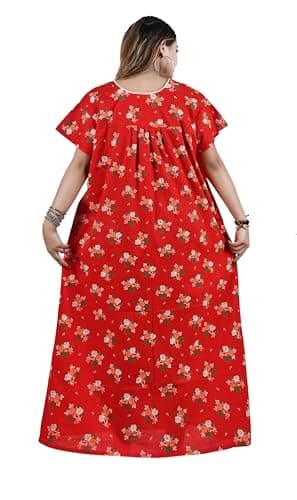 Bejod's Collection Women's Nighty Cotton Maxi Nightdress – Printed Floral Full-Length Nightgown, Plus Size Loose Fit Sleepwear Summer Nightwear for Women XL-3XL (Red, XXL) 2