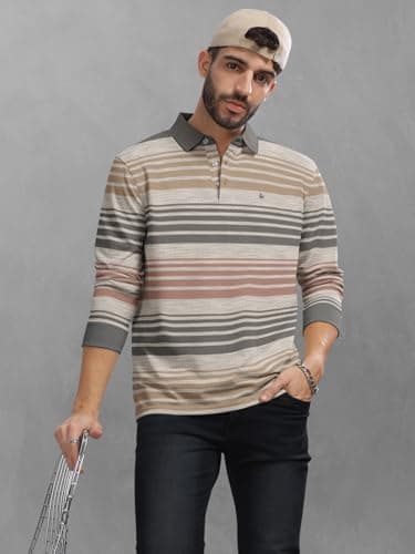 BULLMER Striped Textured Printed Polo Neck Fullsleeve T-Shirt with Rib for Men_Beige4_Large 5