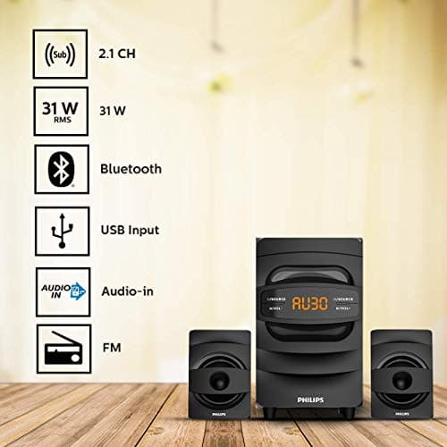 Philips Audio MMS2625B 2.1 Channel, 31 W, Bluetooth Connectivity, Wired Multimedia Computer Speaker, FM, USB, Audio in Speakers, 15mm Subwoofer, Wide Compatibility - MP3 Player, TV, PC (Black) 2