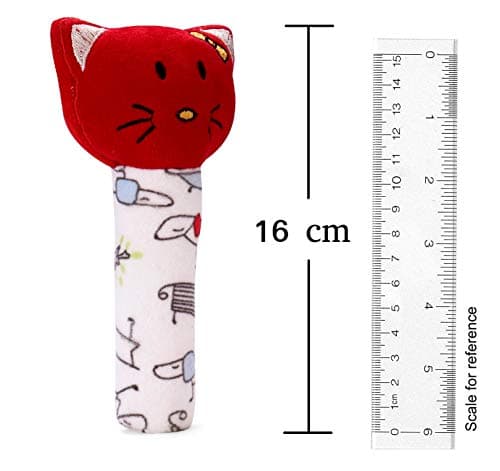 Pikipo Kitty Face Rattle Soft Toy with Squeeze Handle for Squeaky Sound (Red) 2