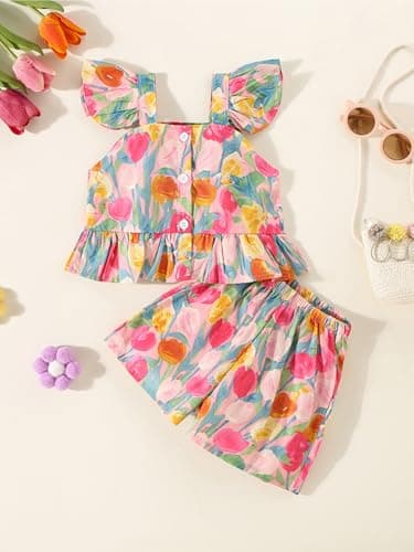 SKYCARRY Ages 1 to 6 Years Girls Cotton Dress Two Piece Floral Print Kids Clothes Ruffle Square Neck Top and Shorts Set Summer Beach Western Outfit for Girl Toddler Clothing Sets 2