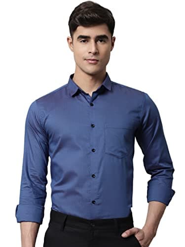 Majestic Man Men Slim Fit Solid Cotton Blend Formal Shirt (Medium, Blue)