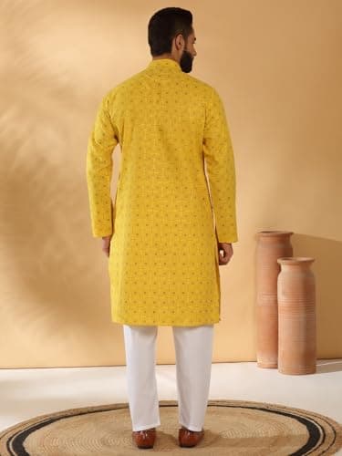 KRAFT INDIA Men Floral Printed Geometric Cotton Blend Straight Yellow Kurta With White Elastic Waistband Pyjama Set (XL) 4