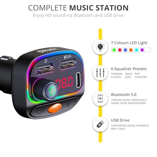 CRUST CS30 Car Bluetooth Device [Upgraded BT v5.3] with Call Receiver, FM Transmitter for Music System & Dual USB + Type C Charger; 7 Colour LED Lights; 6 EQ Presets; USB MP3 Support; Voice Assistant 3