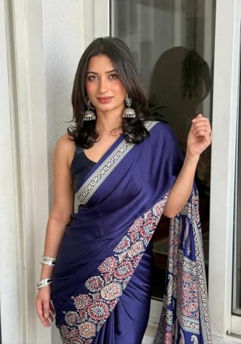 Traditional Indian Ethnic Wear with Blouse Piece, Festival Wedding Special, (NAVY BLUE) 2