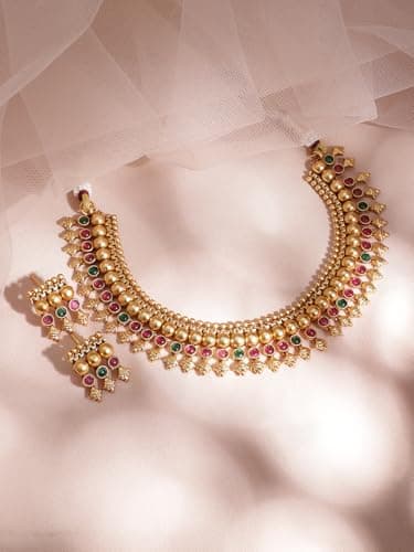 Rubans Women's 22Kt Gold Plated Brass Red And Green Stone Studded Necklace Set 3