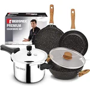 Bergner Tripro Ivory Black 5 Pc Cookware Set - Forged Aluminium, Non-Stick, 24cm/2.5L Kadai with Glass Lid, 24cm Frypan, 28cm Dosa Tawa and Tripro 5L Outer Lid Triply Pressure Cooker, Induction Bottom