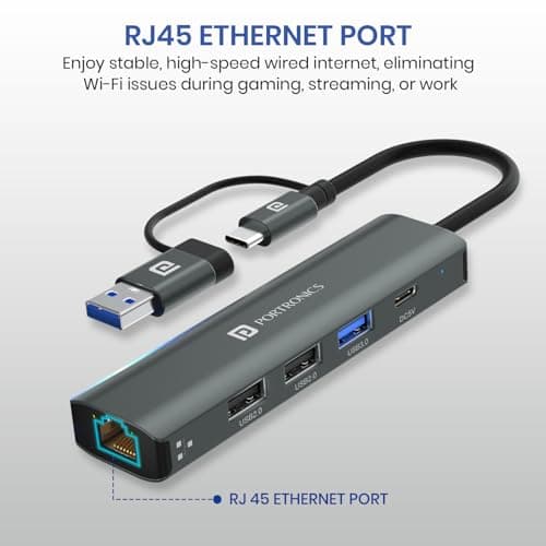 Portronics Mport Edge,5 Ports Dual USB Hub Dock, Superfast USB 3.0, High Speed 2.0, Type-C 5V2A Port, 100 Mbps RJ45 Ethernet, Versatile & High-Speed Connectivity Hub for Laptops & Desktops (Grey) 5