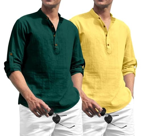 SHOPYCLICK Men’s Cotton Polyester Blend Kurta Shirt | Mandarin Collar Short Placket | Full Sleeve Casual & Ethnic Wear | Lightweight Breathable Fabric | Perfect for Festive, Party Green-Yellow