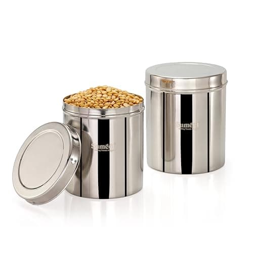 Sumeet Stainless Steel Large Dabba/Canisters/Vertical Storage Container for Kitchen, 19cm & 20cm Dia - 5000ml - (5Kg to 5.5Kg Approx) & 6500ml - (5.7Kg to 6.3Kg Approx)