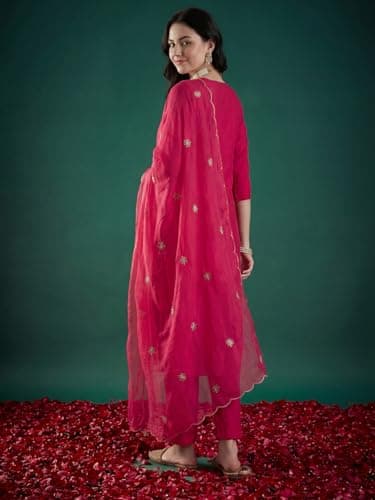 INDO ERA Women's White Pure Cotton Floral Printed Flared Fusion Kurta & Pant Set 3