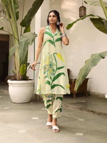 Amazon Brand - Anarva Women's Pure Cotton Sleeveless Hand Block Printed Kurta With Pant (green-leaf-l) 4