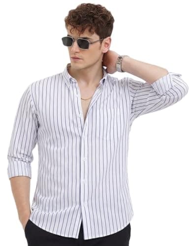 U TURN Men's Casual Printed Striped Stylish Latest Formal Shirt for Men (in, Alpha, S, Regular, White-Blue)