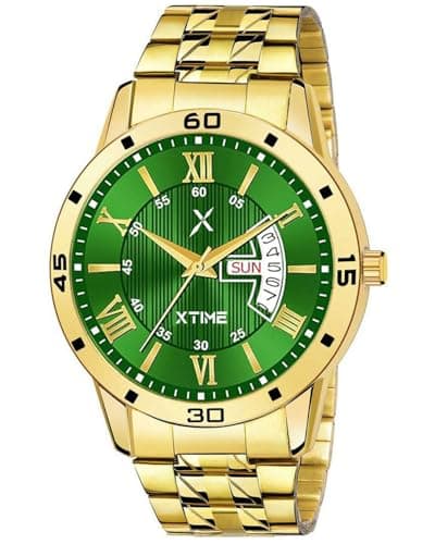 XTIME Premium Analogue Day & Date Watch Round Green Dial & Gold Chain for Men's & Boys