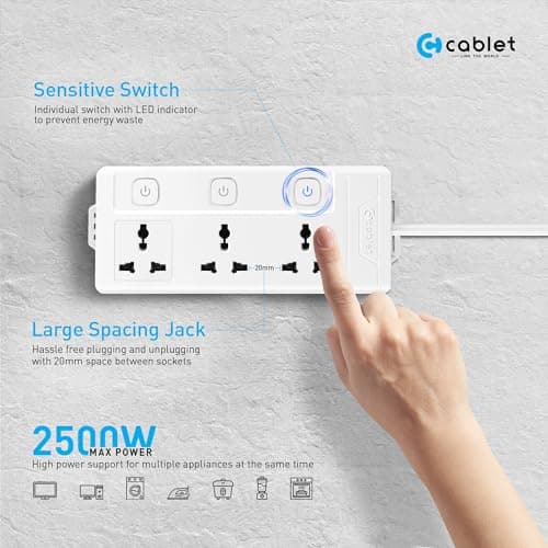 Cablet Extension Board 2500W 10A | 3 Universal Multi Plug Socket with Individual Switch | 1.8 Meter Heavy Duty Cord | LED Indicator, Power Strip & Spike Guard for Home & Office Use 2