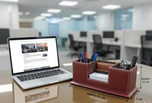 Desk Organizer with Pen Holder & Mobile Stand | Compact Stylish Table Organizer for Office, Home, Study Desk & Stationery (Brown) 4